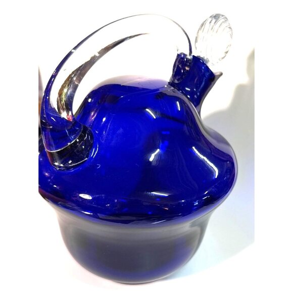 Cobalt Blue Hand-Blown Glass Pitcher & 6 Matching Cups With Swirled Clear Stoppe - Picture 3 of 16